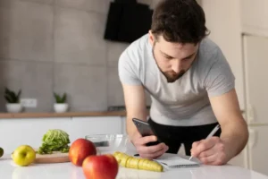 Homem segura um smartphone, na mesa com frutas e vegetais, verificando como fazer déficit calórico.