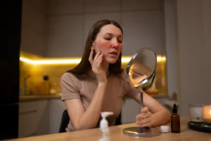 Mulher toca no rosto e se olha no espelho com sintomas de dermatite emocional.